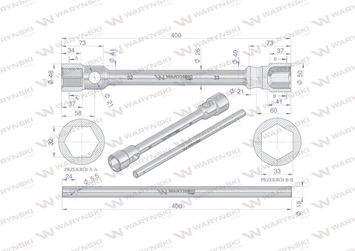 Klucz krzyżakowy do kół 32 x 33mm wzmocniony wkladany uchwyt Waryński