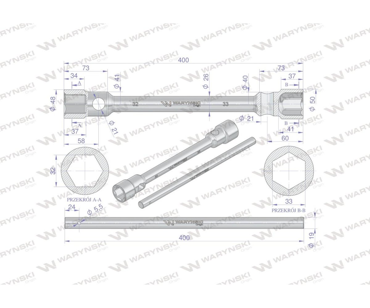 Klucz krzyżakowy do kół 32 x 33mm wzmocniony wkladany uchwyt Waryński