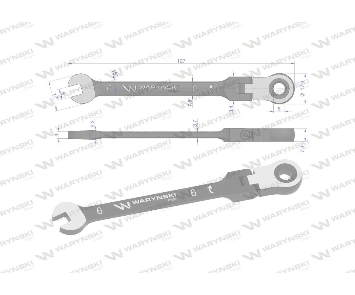 Klucz płasko-oczkowy 6 mm z grzechotką 72 zęby i przegubem Waryński