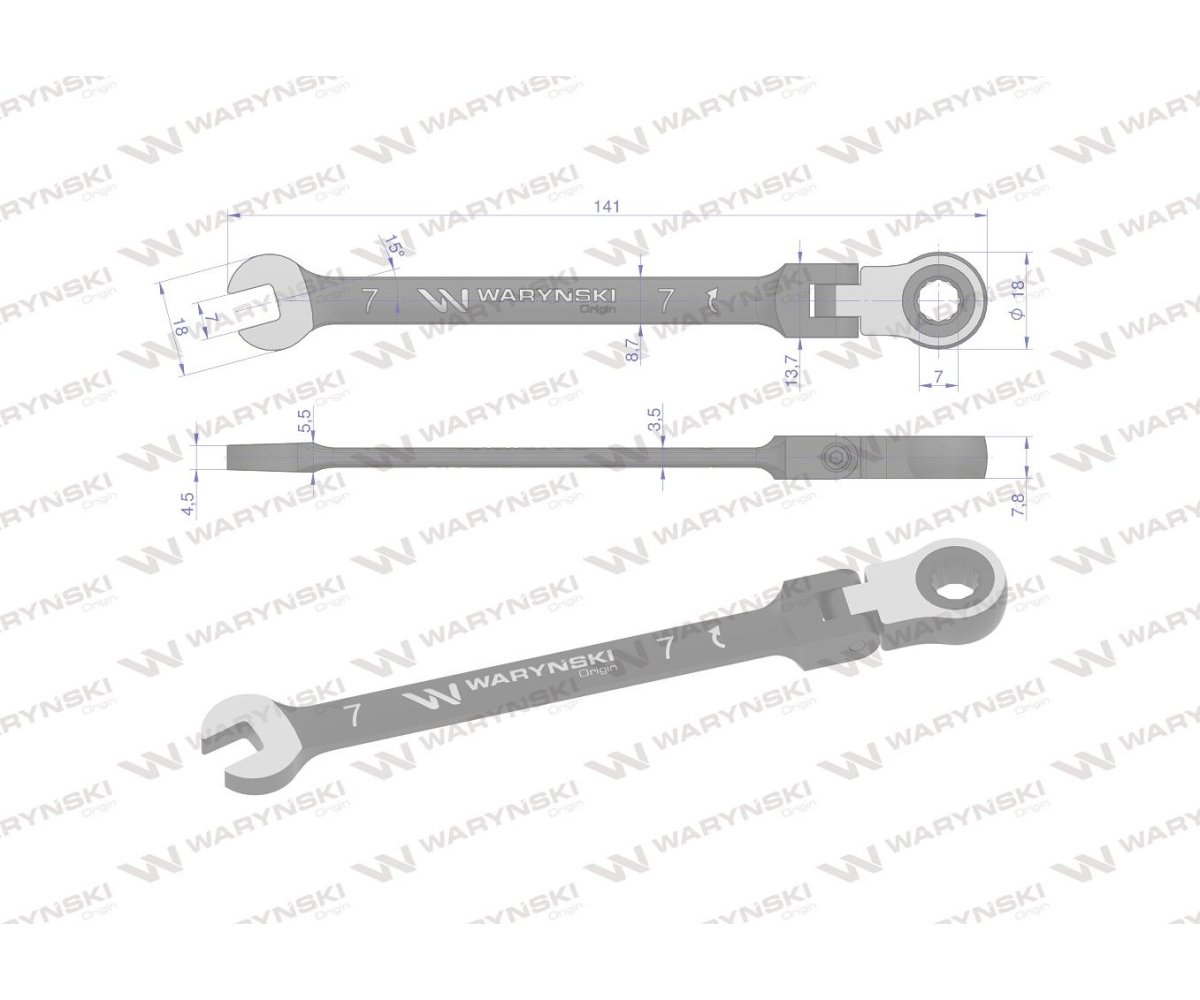 Klucz płasko-oczkowy 7 mm z grzechotką 72 zęby i przegubem Waryński