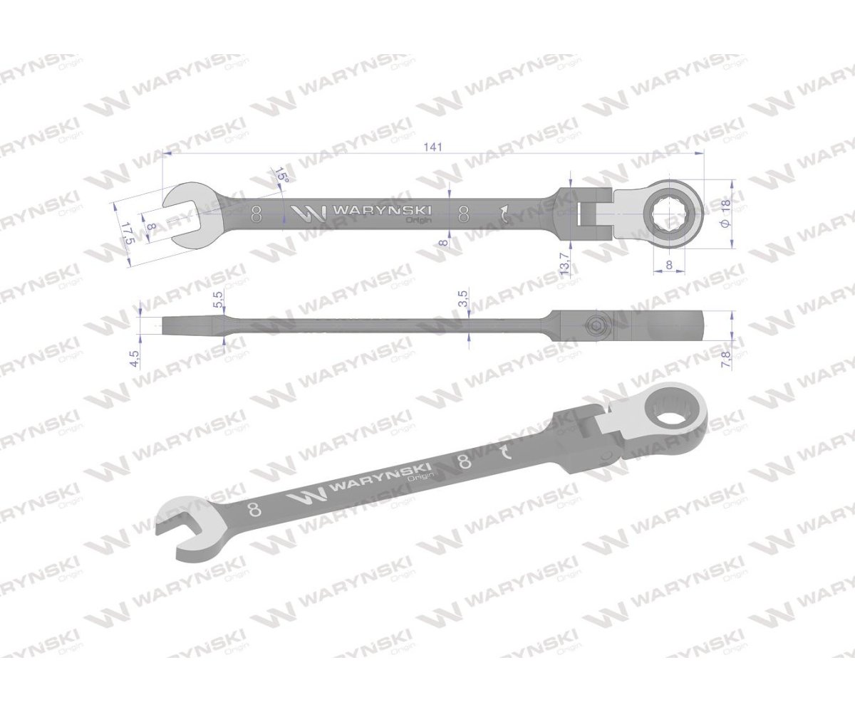 Klucz płasko-oczkowy 8 mm z grzechotką 72 zęby i przegubem Waryński