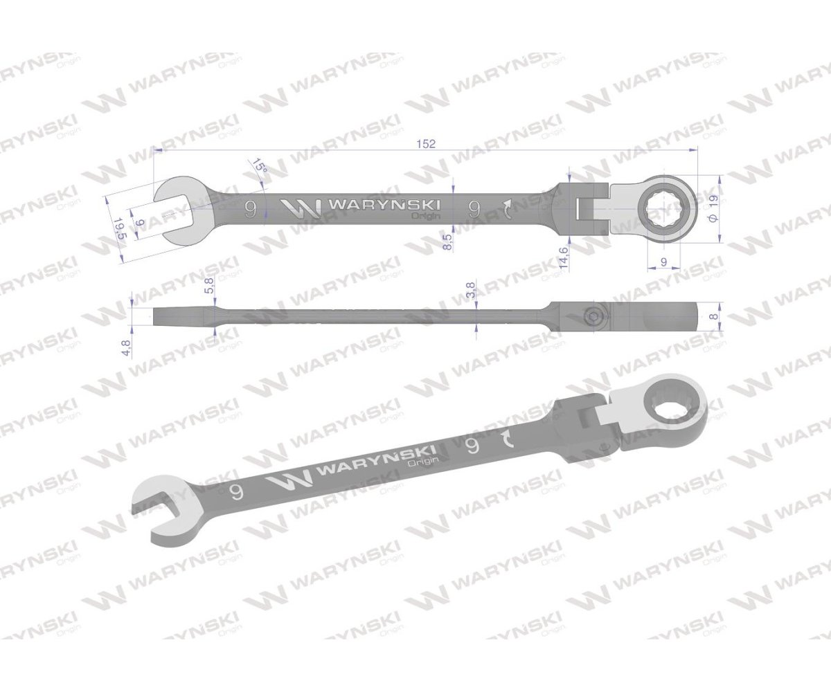Klucz płasko-oczkowy 9 mm z grzechotką 72 zęby i przegubem Waryński