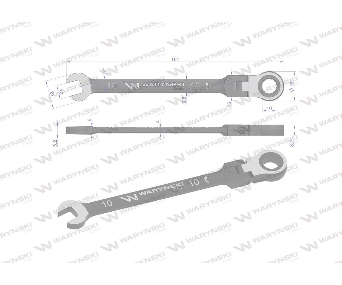 Klucz płasko-oczkowy 10 mm z grzechotką 72 zęby i przegubem Waryński