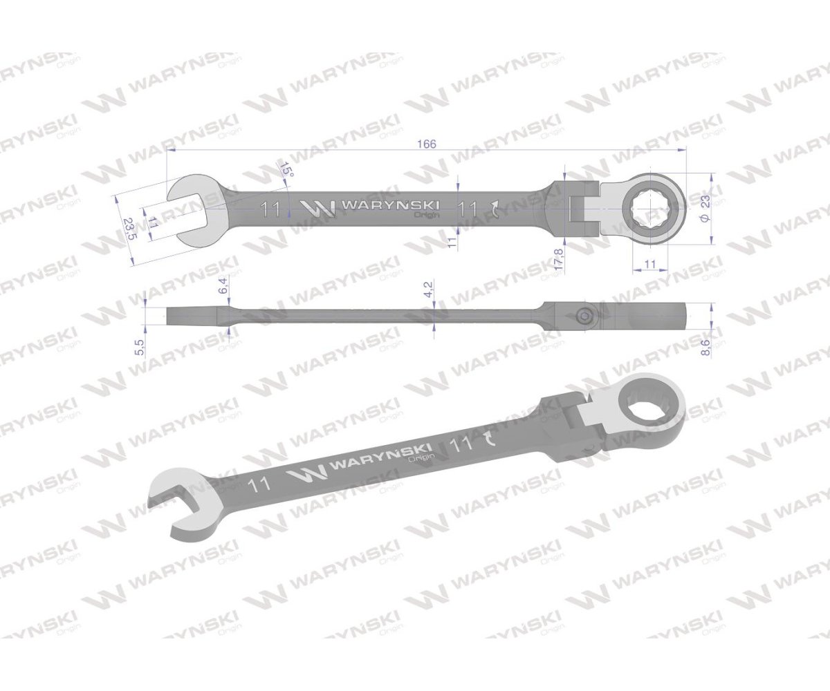 Klucz płasko-oczkowy 11 mm z grzechotką 72 zęby i przegubem Waryński