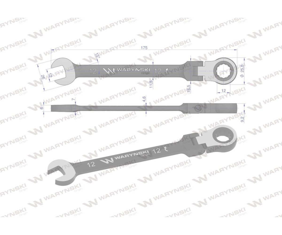 Klucz płasko-oczkowy 12 mm z grzechotką 72 zęby i przegubem Waryński