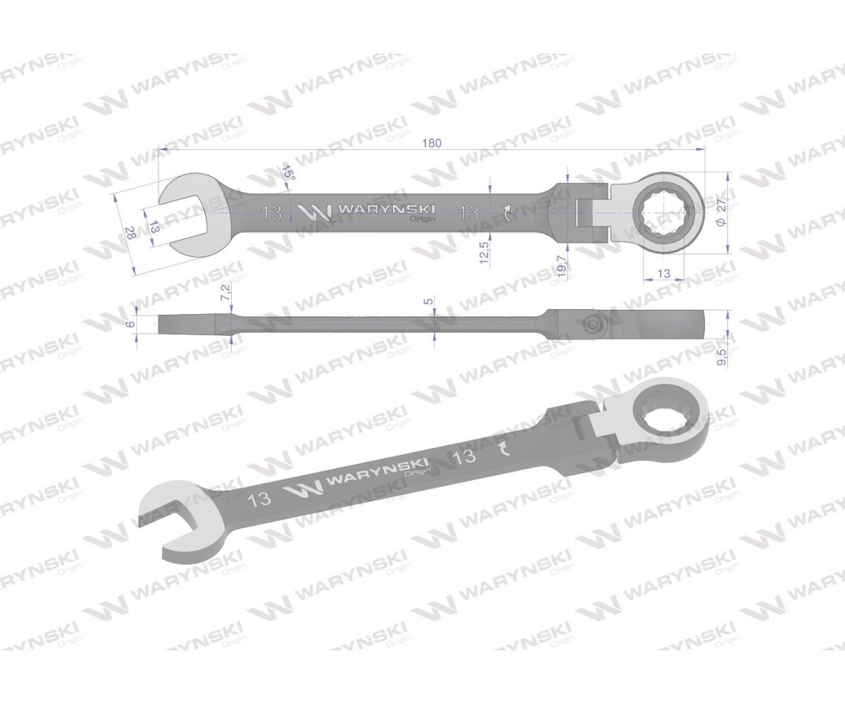 Klucz płasko-oczkowy 13 mm z grzechotką 72 zęby i przegubem Waryński