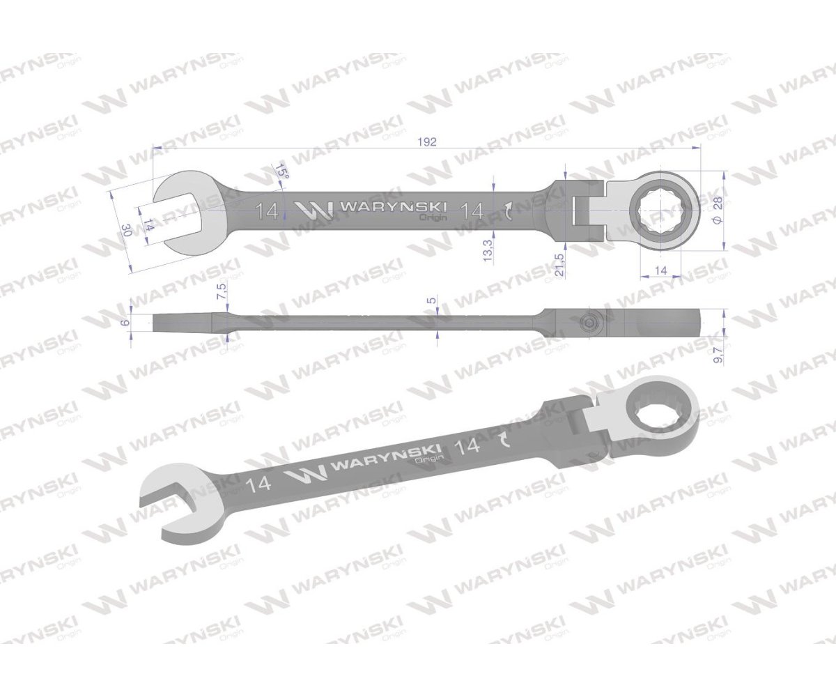 Klucz płasko-oczkowy 14 mm z grzechotką 72 zęby i przegubem Waryński