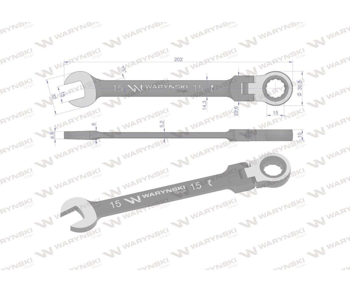 Klucz płasko-oczkowy 15 mm z grzechotką 72 zęby i przegubem Waryński
