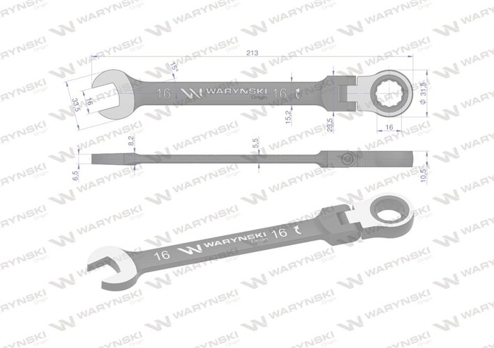 Klucz płasko-oczkowy 16 mm z grzechotką 72 zęby i przegubem Waryński
