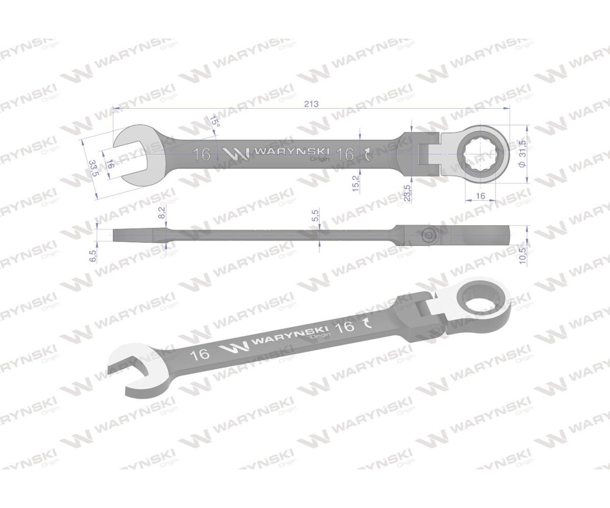 Klucz płasko-oczkowy 16 mm z grzechotką 72 zęby i przegubem Waryński