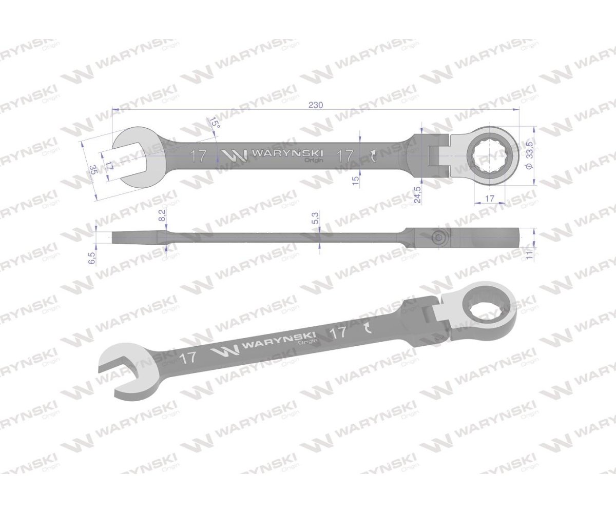 Klucz płasko-oczkowy 17 mm z grzechotką 72 zęby i przegubem Waryński