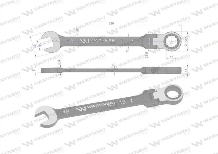 Klucz płasko-oczkowy 18 mm z grzechotką 72 zęby i przegubem Waryński