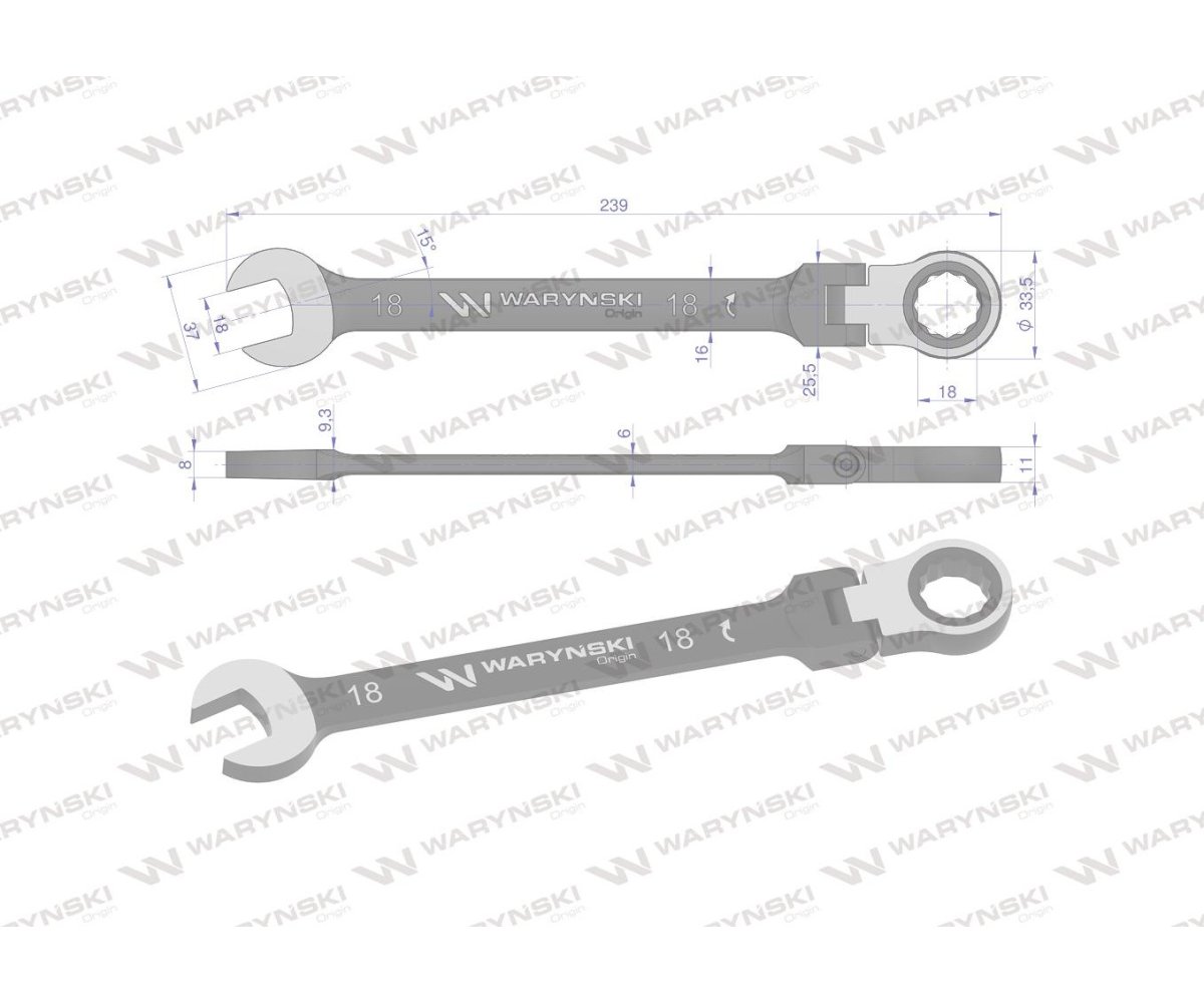 Klucz płasko-oczkowy 18 mm z grzechotką 72 zęby i przegubem Waryński