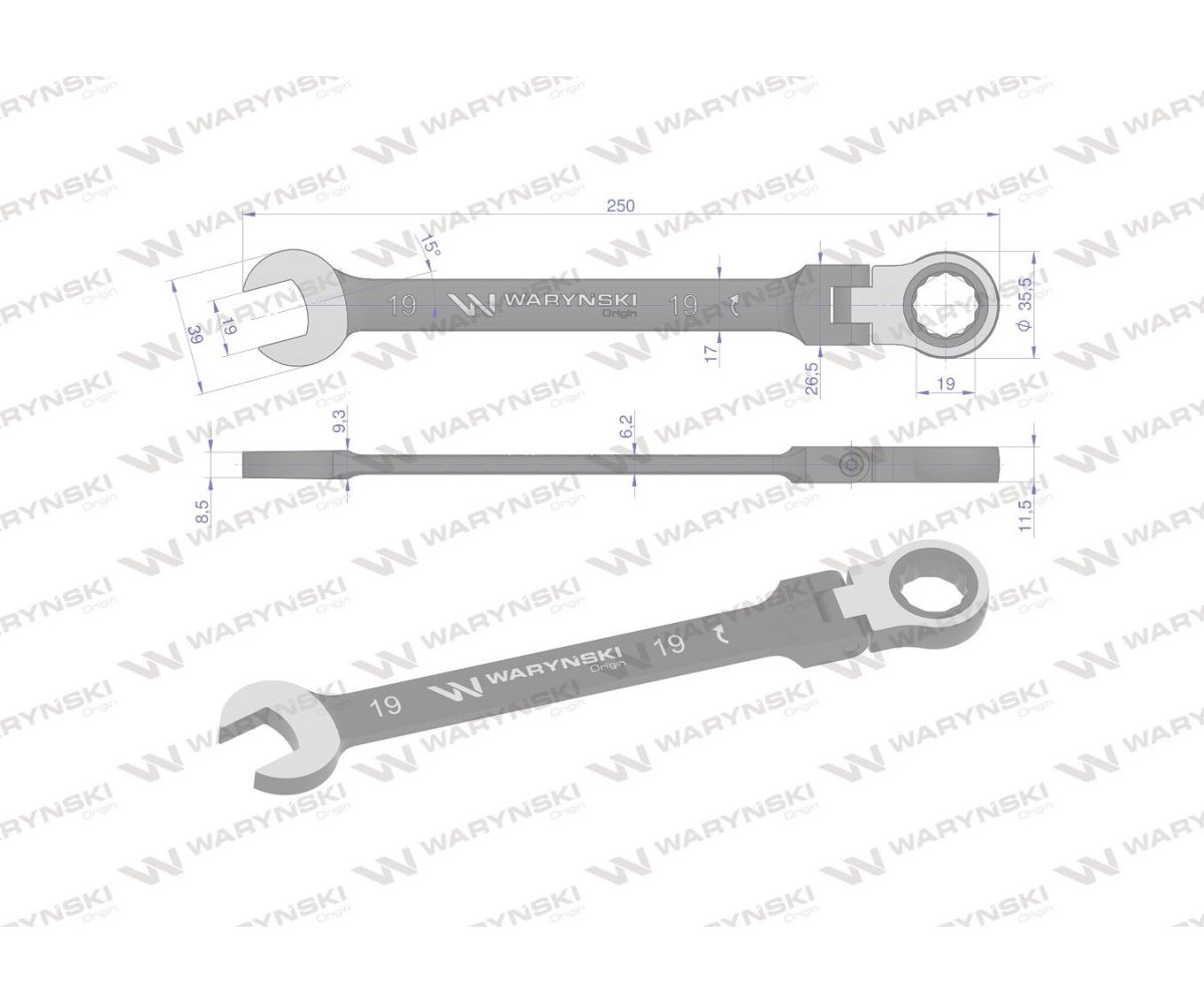 Klucz płasko-oczkowy 19 mm z grzechotką 72 zęby i przegubem Waryński