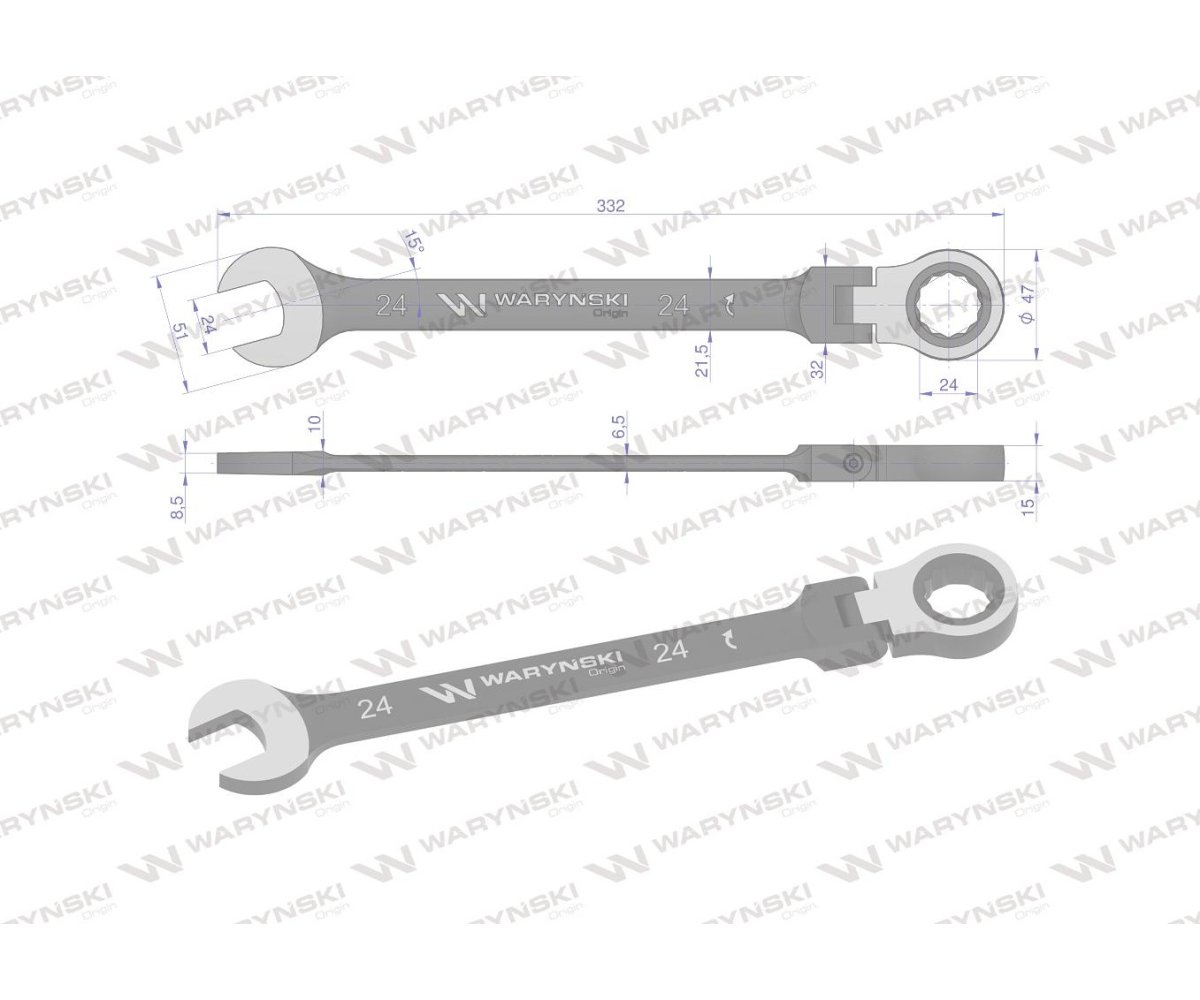 Klucz płasko-oczkowy 24 mm z grzechotką 72 zęby i przegubem Waryński
