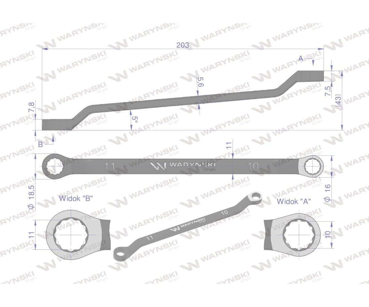 Klucz oczkowy odsadzony 10 x 11 mm. CrV standard ASME B107.9 Waryński