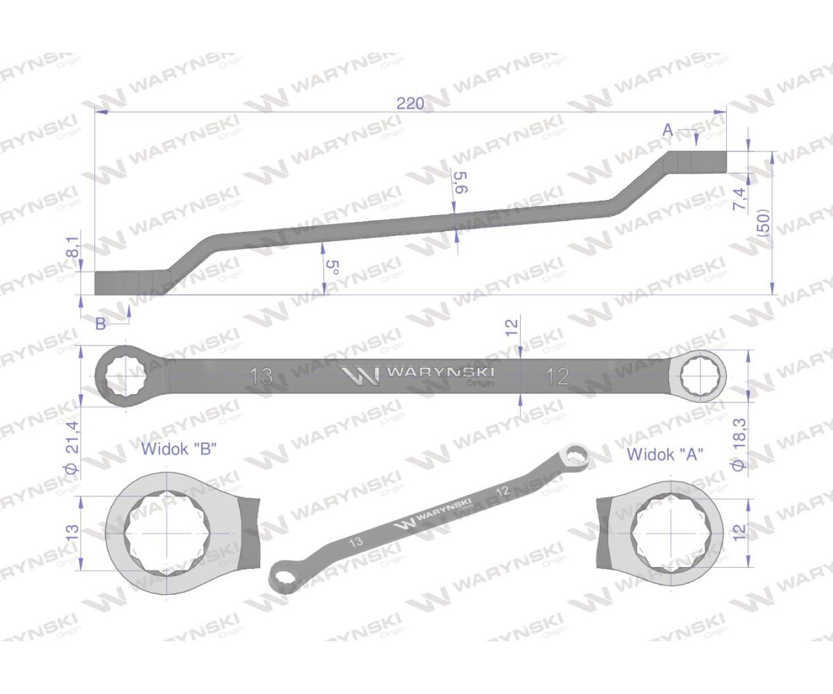 Klucz oczkowy odsadzony 12 x 13 mm. CrV standard ASME B107.9 Waryński