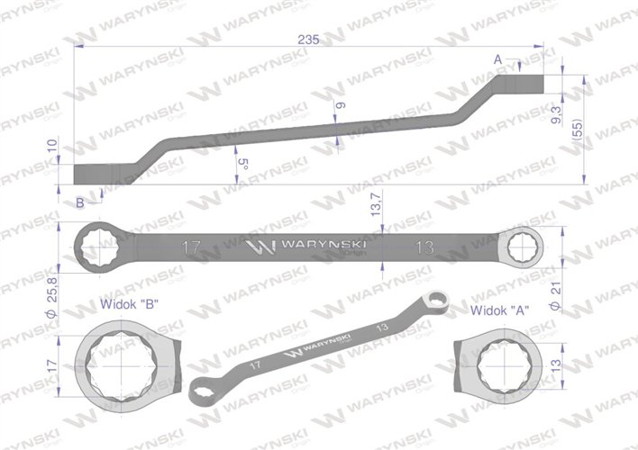 Klucz oczkowy odsadzony 13 x 17 mm. CrV standard ASME B107.9 Waryński