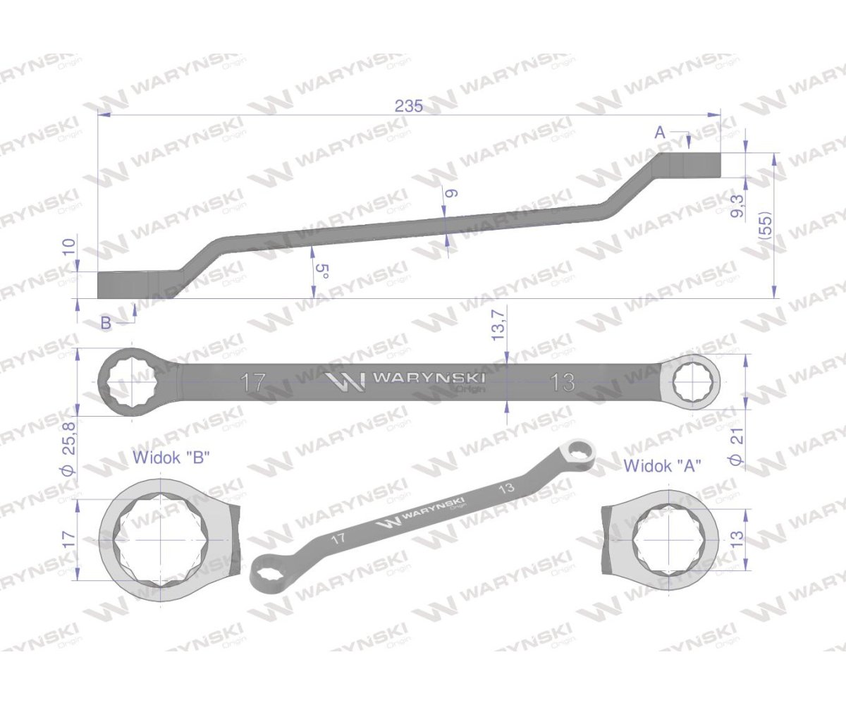 Klucz oczkowy odsadzony 13 x 17 mm. CrV standard ASME B107.9 Waryński