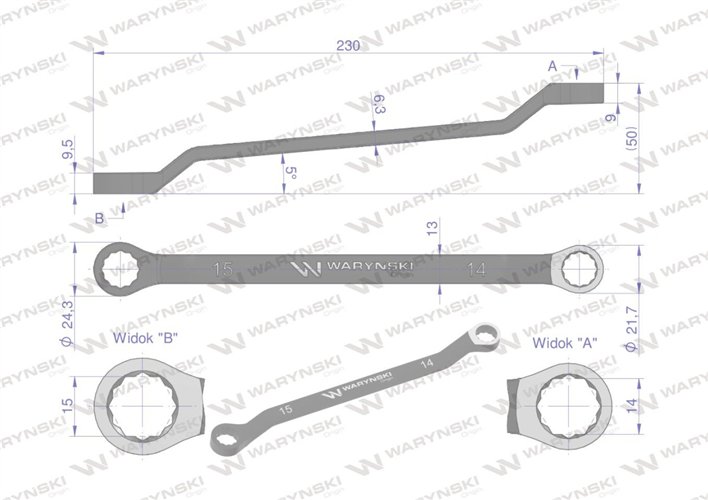 Klucz oczkowy odsadzony 14 x 15 mm. CrV standard ASME B107.9 Waryński