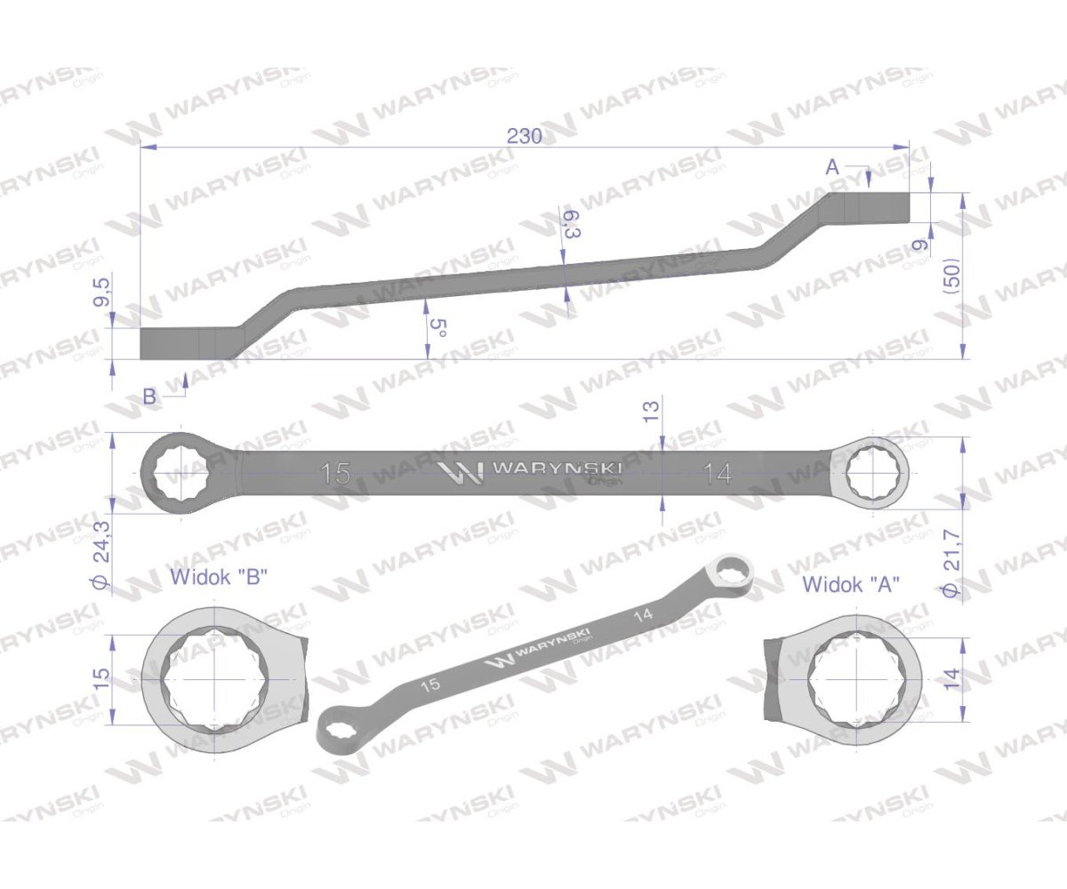 Klucz oczkowy odsadzony 14 x 15 mm. CrV standard ASME B107.9 Waryński