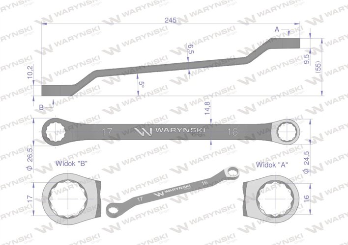 Klucz oczkowy odsadzony 16 x 17 mm. CrV standard ASME B107.9 Waryński
