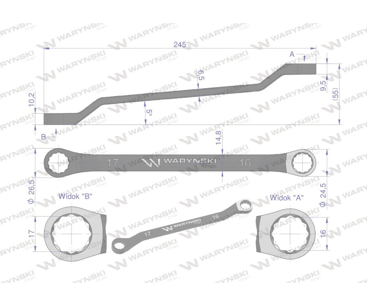 Klucz oczkowy odsadzony 16 x 17 mm. CrV standard ASME B107.9 Waryński