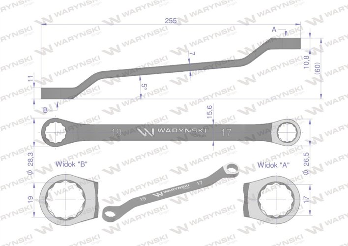 Klucz oczkowy odsadzony 17 x 19 mm. CrV standard ASME B107.9 Waryński