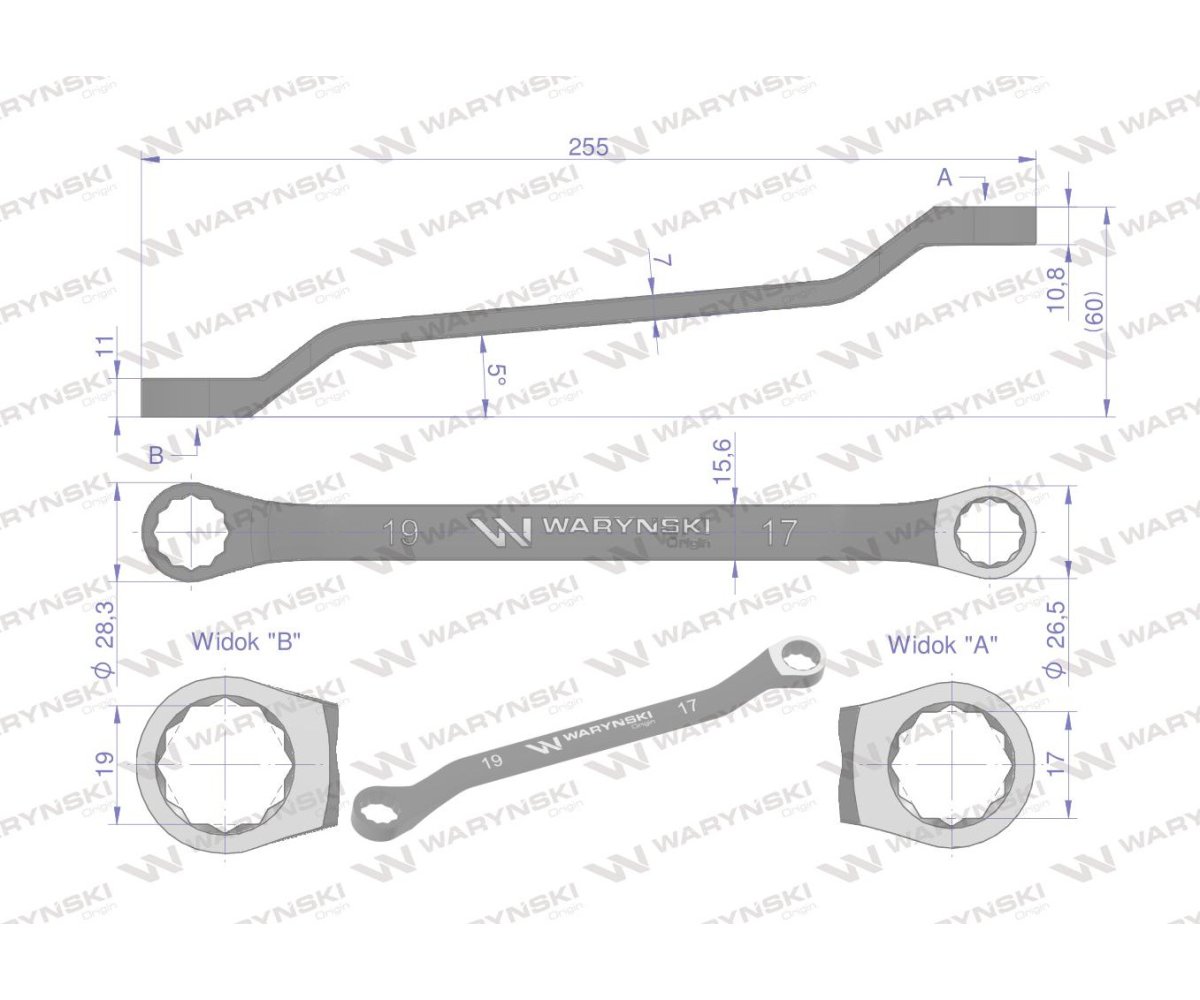 Klucz oczkowy odsadzony 17 x 19 mm. CrV standard ASME B107.9 Waryński
