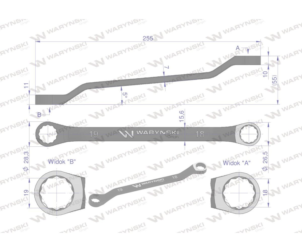 Klucz oczkowy odsadzony 18 x 19 mm. CrV standard ASME B107.9 Waryński