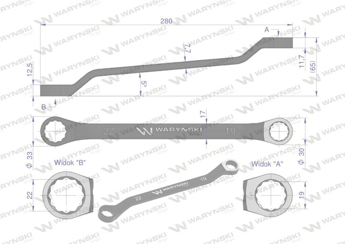 Klucz oczkowy odsadzony 19 x 22 mm. CrV standard ASME B107.9 Waryński