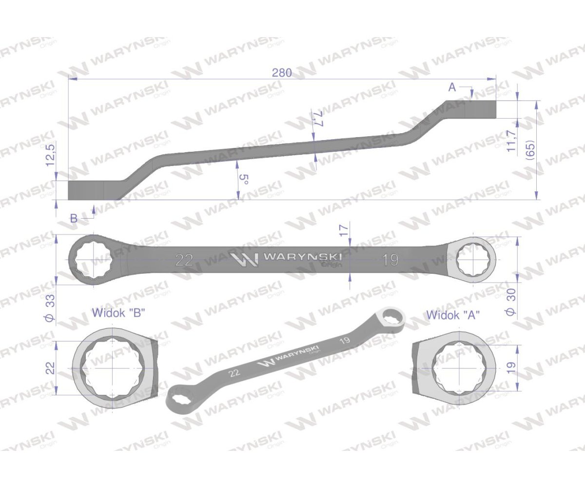 Klucz oczkowy odsadzony 19 x 22 mm. CrV standard ASME B107.9 Waryński