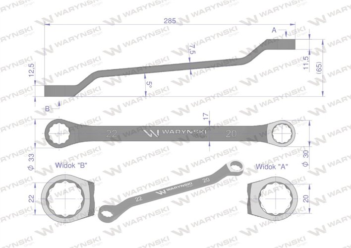 Klucz oczkowy odsadzony 20 x 22 mm. CrV standard ASME B107.9 Waryński