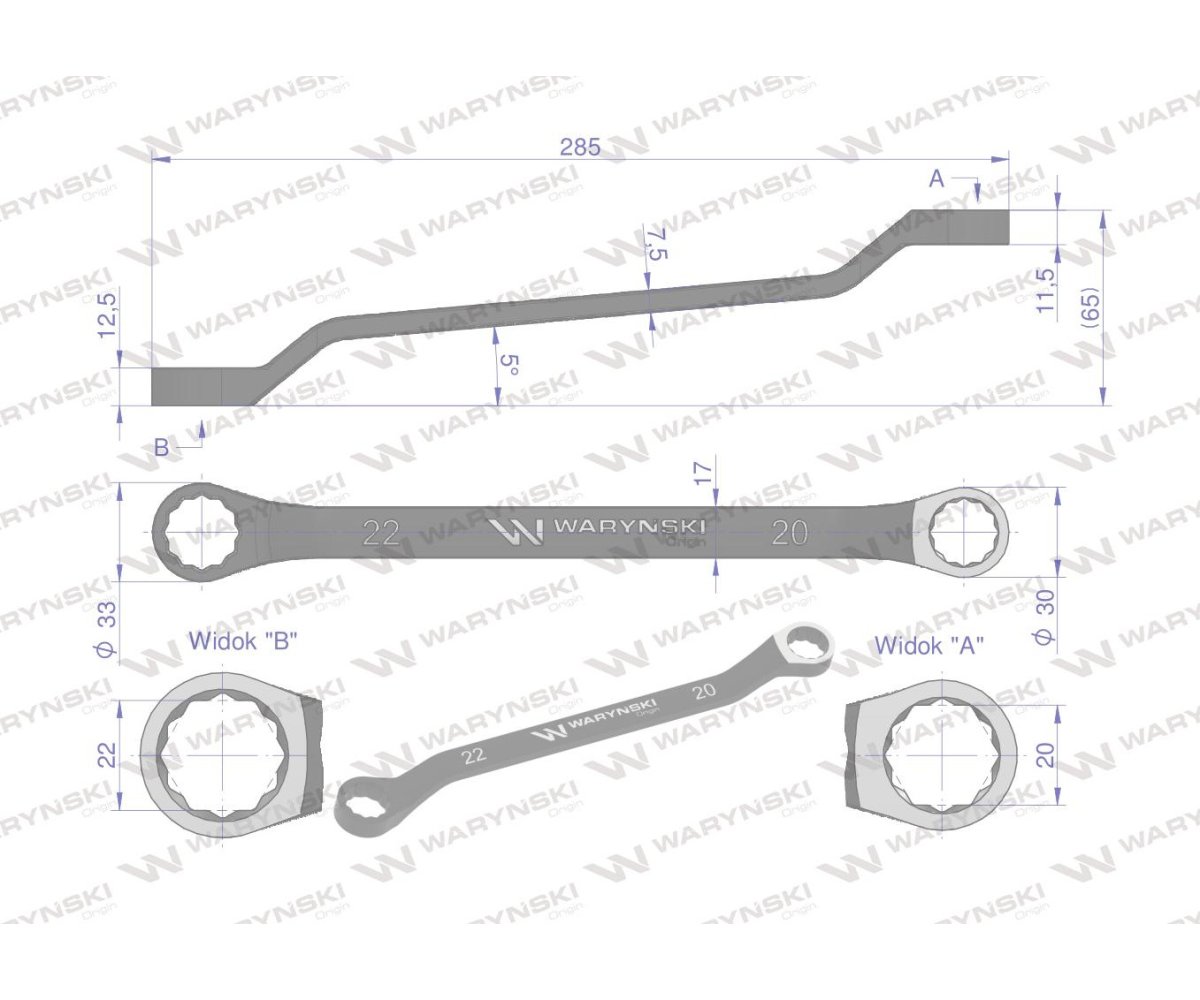 Klucz oczkowy odsadzony 20 x 22 mm. CrV standard ASME B107.9 Waryński