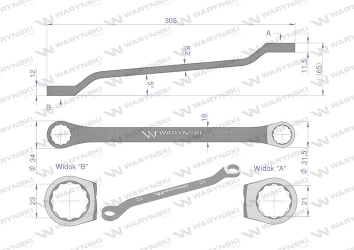 Klucz oczkowy odsadzony 21 x 23 mm. CrV standard ASME B107.9 Waryński