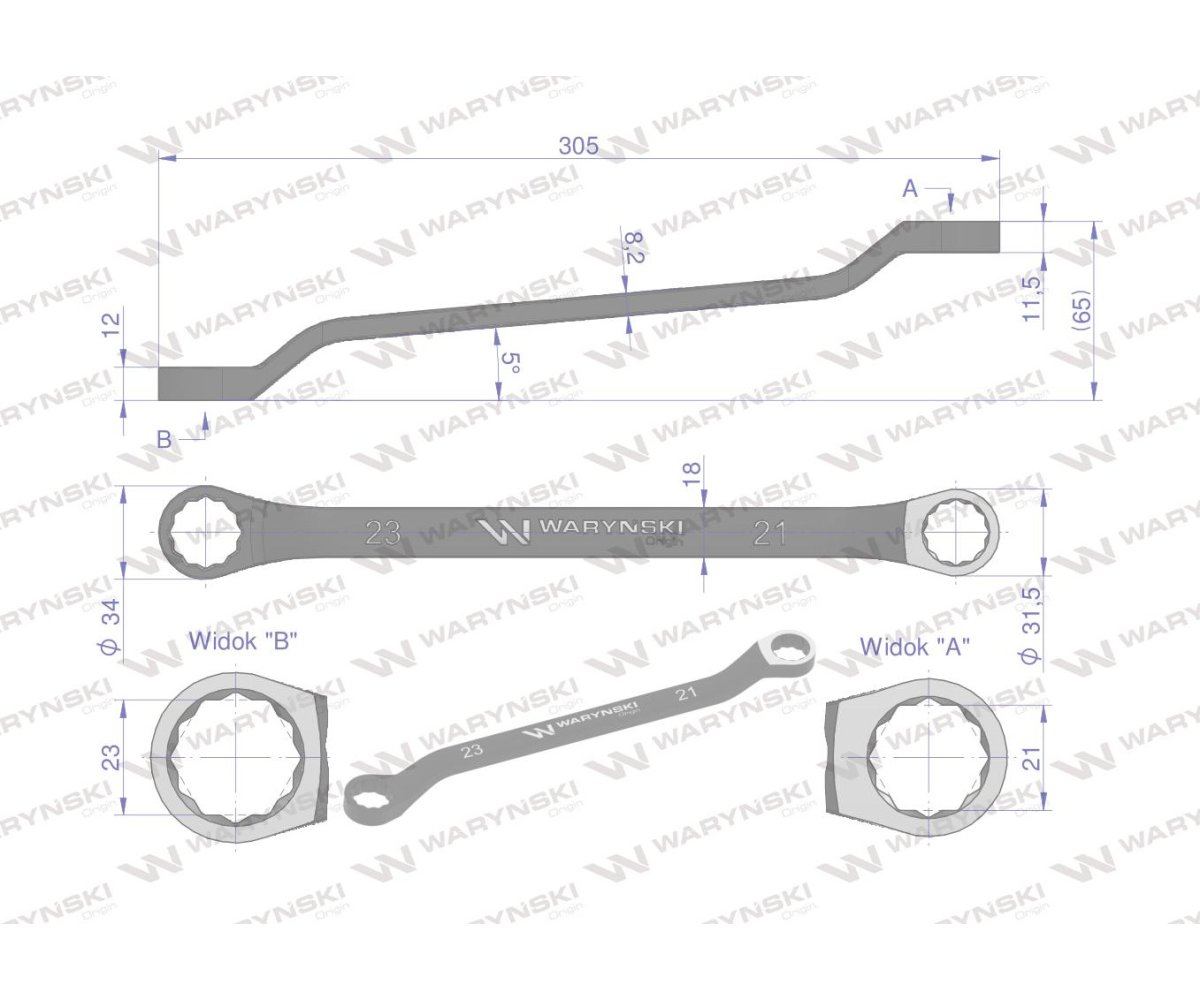 Klucz oczkowy odsadzony 21 x 23 mm. CrV standard ASME B107.9 Waryński