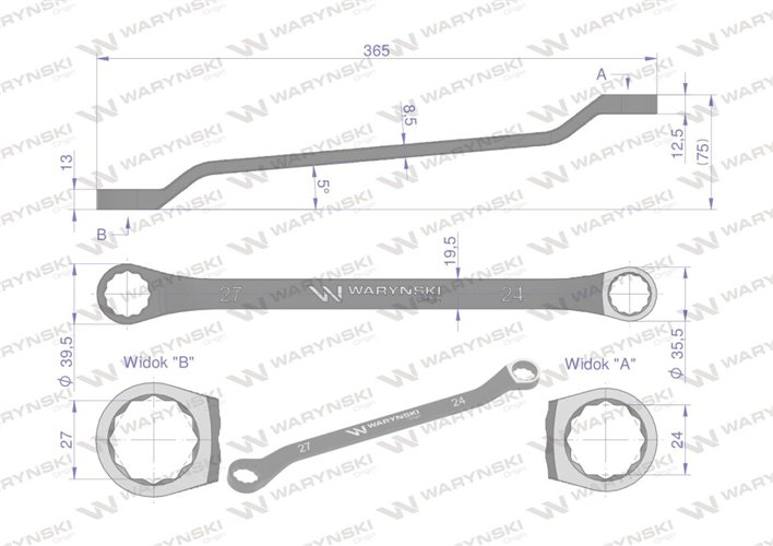 Klucz oczkowy odsadzony 24 x 27 mm. CrV standard ASME B107.9 Waryński