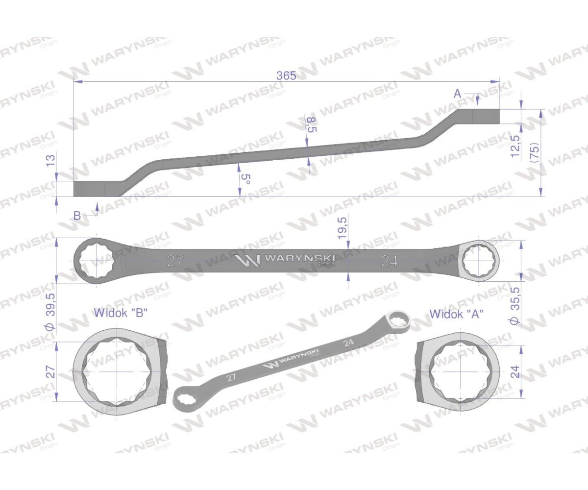 Klucz oczkowy odsadzony 24 x 27 mm. CrV standard ASME B107.9 Waryński