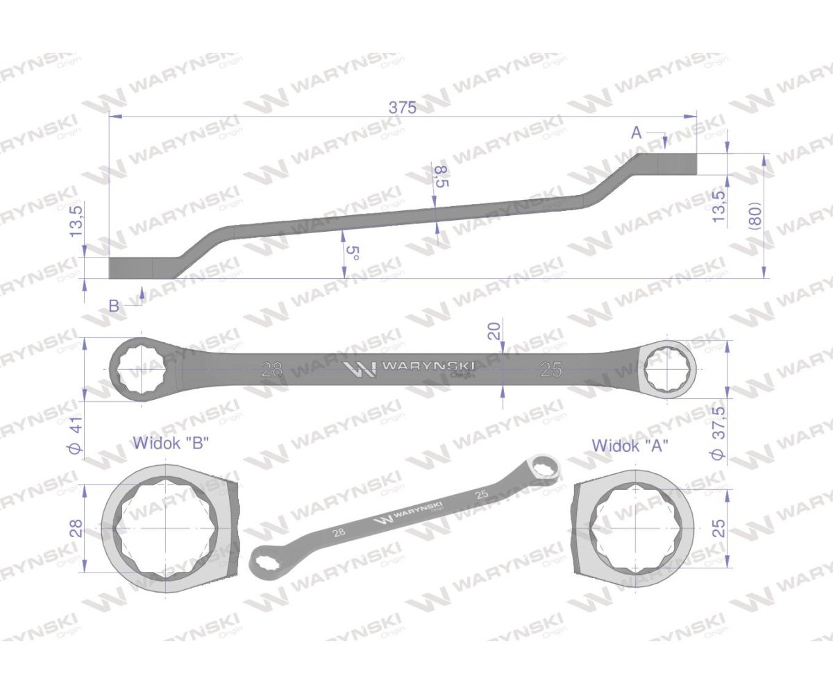 Klucz oczkowy odsadzony 25 x 28 mm. CrV standard ASME B107.9 Waryński