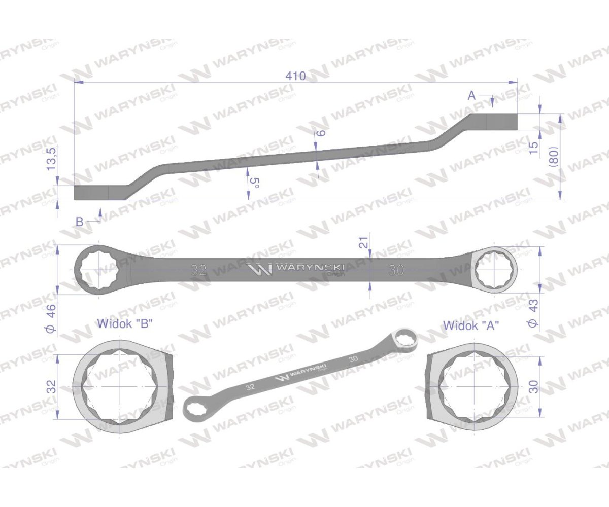 Klucz oczkowy odsadzony 30 x 32 mm. CrV standard ASME B107.9 Waryński