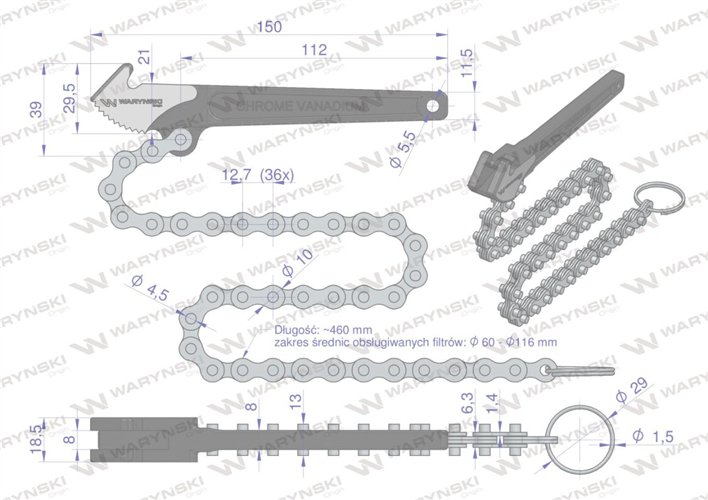 Klucz łancuchowy do filtra oleju 60-116 mm Waryński