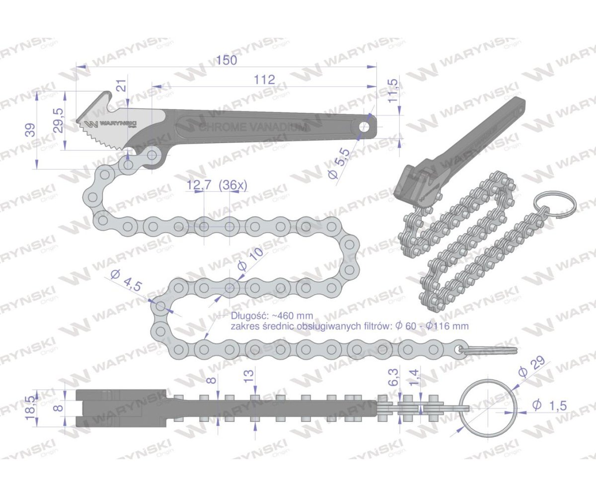 Klucz łancuchowy do filtra oleju 60-116 mm Waryński