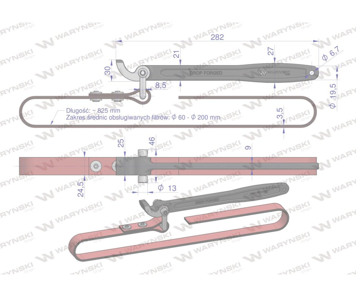 Klucz paskowy do filtra oleju średnica max 200 mm (skórz) Waryński