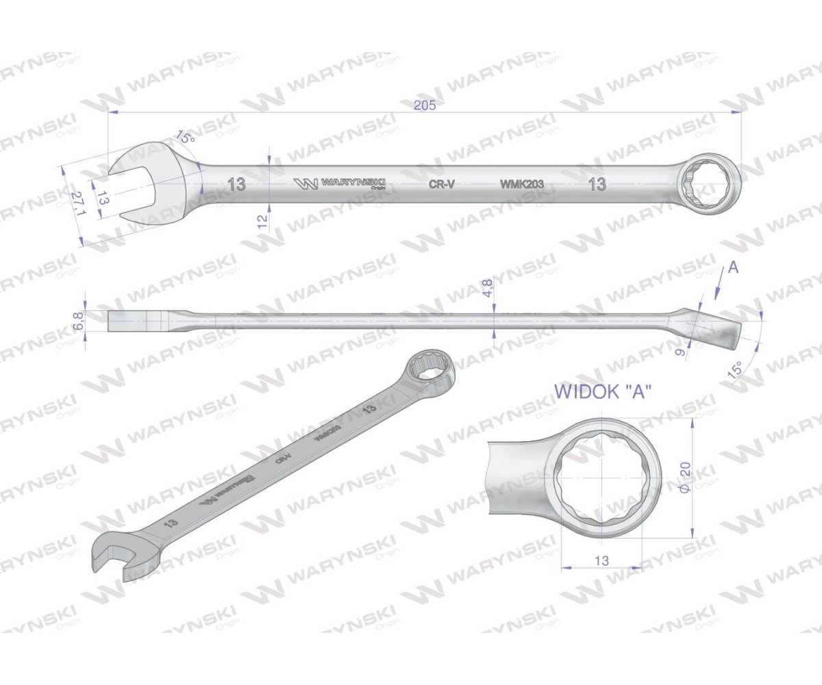 Klucz płaskooczkowy extra długi 13mm dł 205mm standard ASME B107.9M Waryński