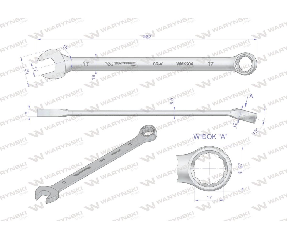 Klucz płaskooczkowy extra długi 17mm dł 262mm standard ASME B107.9M Waryński