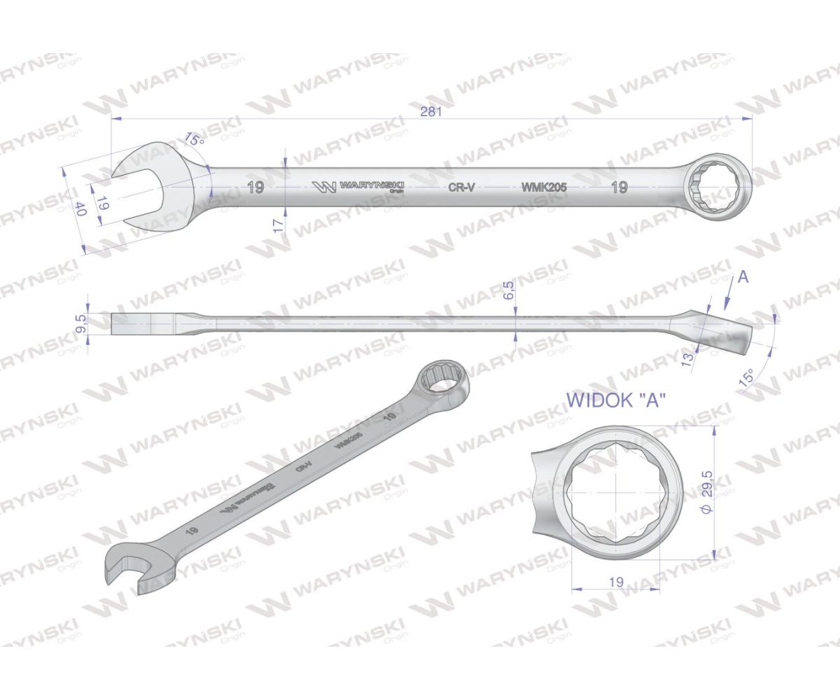 Klucz płaskooczkowy extra długi 19mm dł 281mm standard ASME B107.9M Waryński