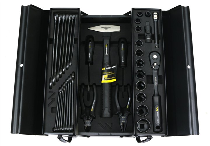 Zestaw narzędzi nasadek i kluczy w metalowej skrzynce Waryński