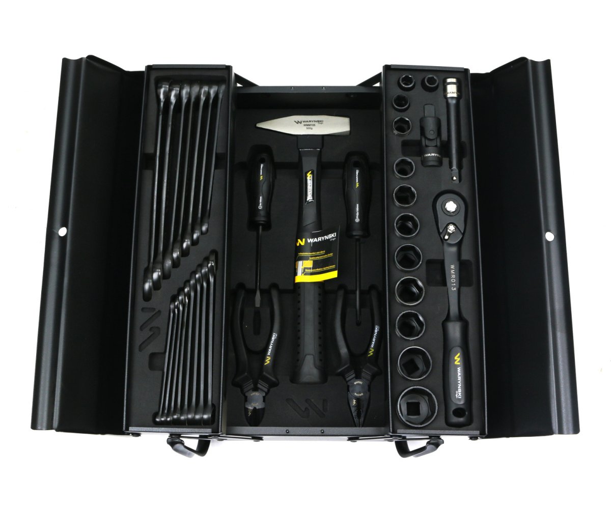 Zestaw narzędzi nasadek i kluczy w metalowej skrzynce Waryński