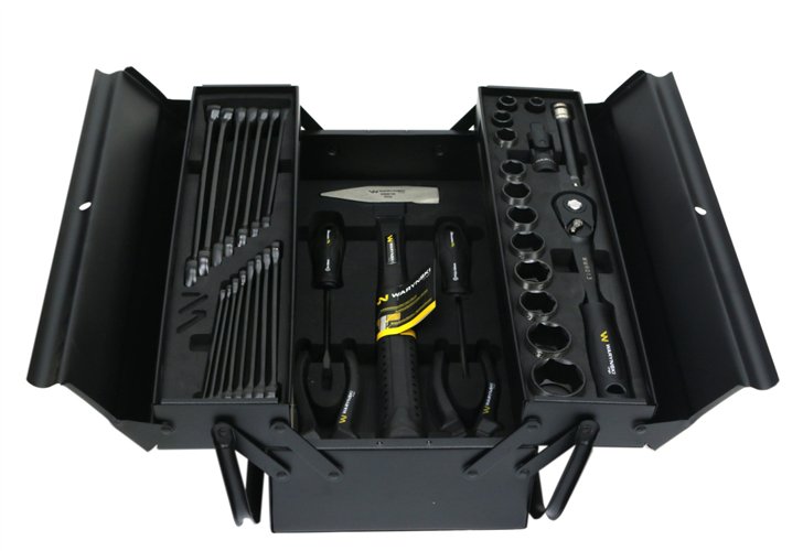 Zestaw narzędzi nasadek i kluczy w metalowej skrzynce Waryński