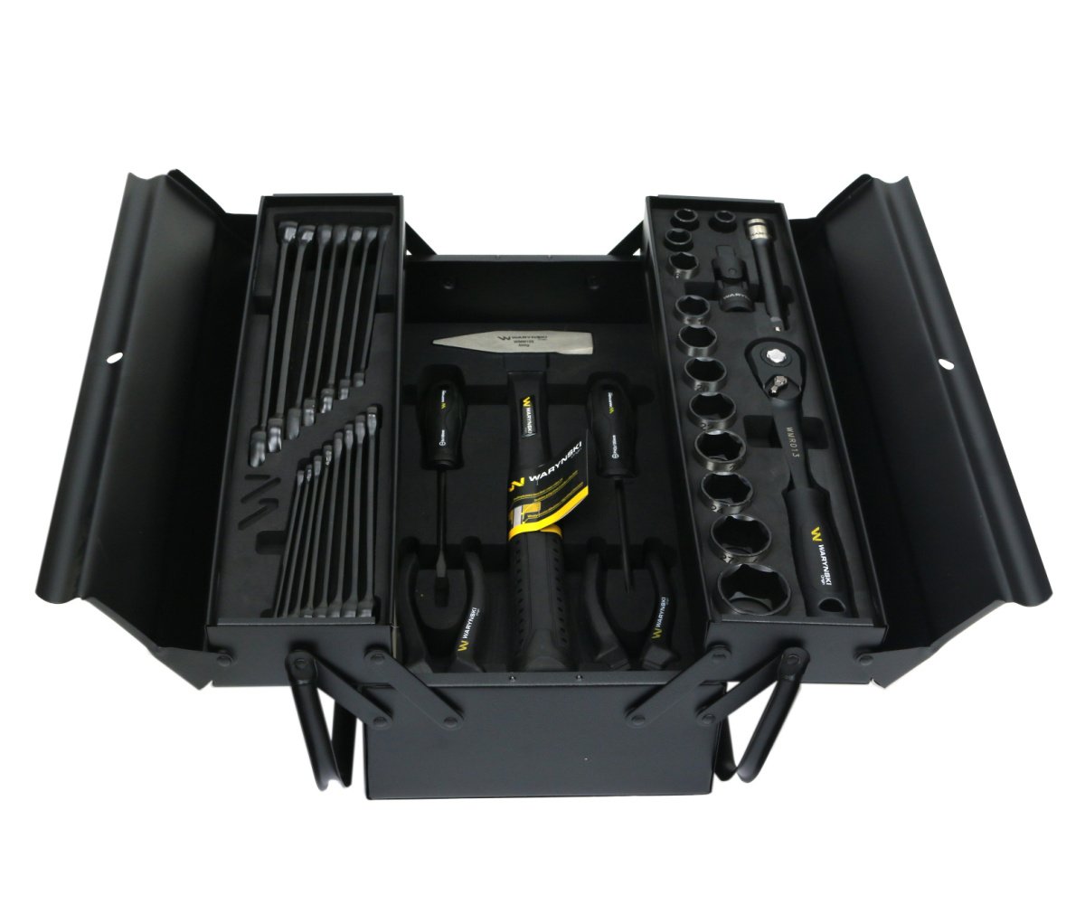 Zestaw narzędzi nasadek i kluczy w metalowej skrzynce Waryński